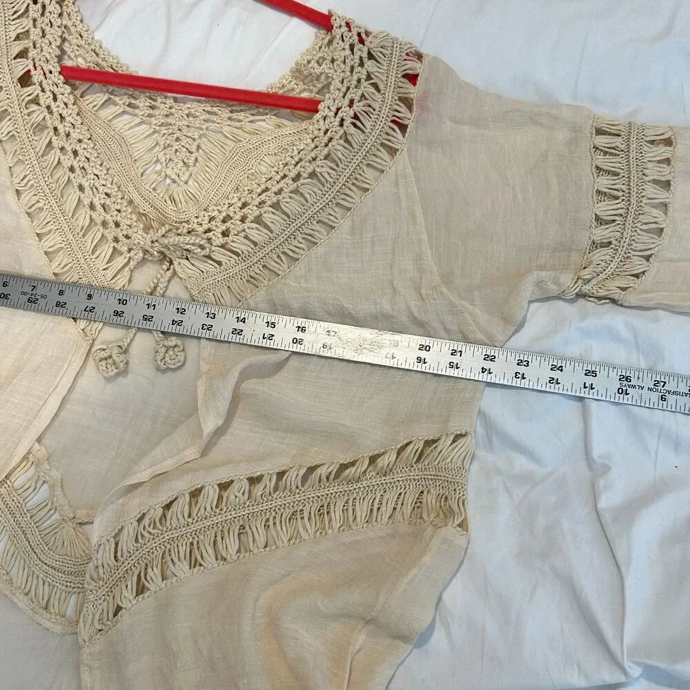 #8494 BOHO VTG CROCHET BEIGE DUSTER FRINGE ONE SIZE